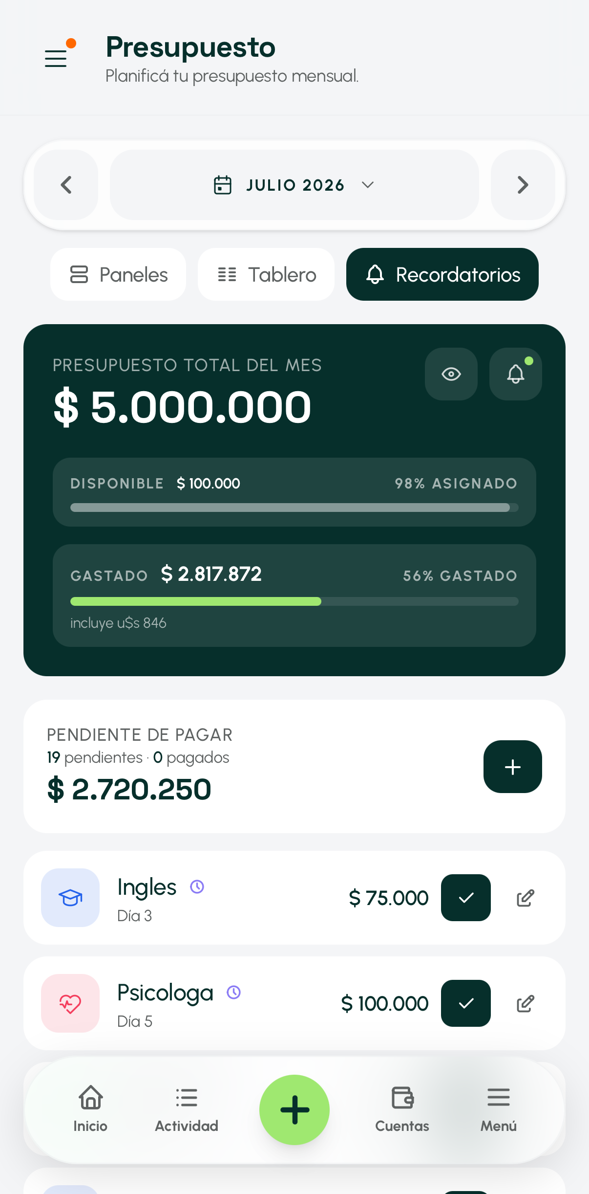 Presupuesto — recordatorios de pago
